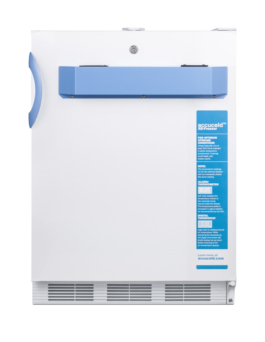 Built-in undercounter ADA compliant medical/scientific -25 C capable all-freezer with front control panel equipped with a digital thermostat and NIST calibrated thermometer/alarm